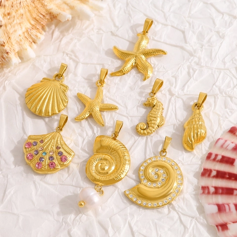 Stainless Steel Ocean Series Pendant Necklace For Women PVD 18K Gold Plated Shell Starfish Seahorse Conch Charm DIY Jewelry