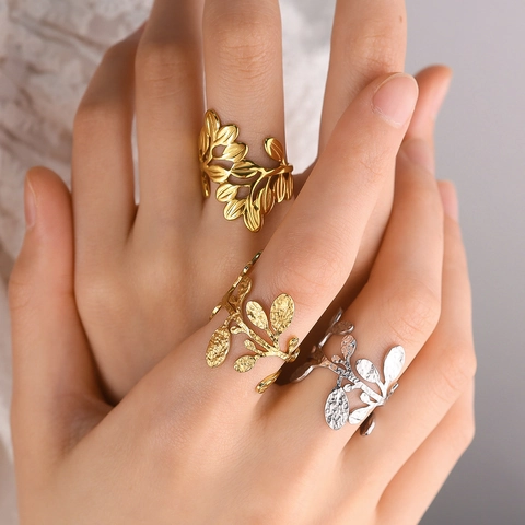 Stainless Steel Leaf Branch Opening Rings For Women PVD 18K Gold Plated Hammered Texture Adjustable Jewelry Finger Ring