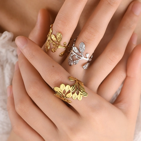 Stainless Steel Leaf Branch Opening Rings For Women PVD 18K Gold Plated Hammered Texture Adjustable Jewelry Finger Ring