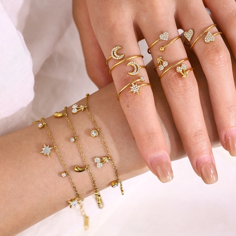 Juego de Joyas de Acero Inoxidable con Diamantes de Imitación para Mujer Oro Abierto Ajustable Corazón Luna Estrella Anillo Collar Pulsera