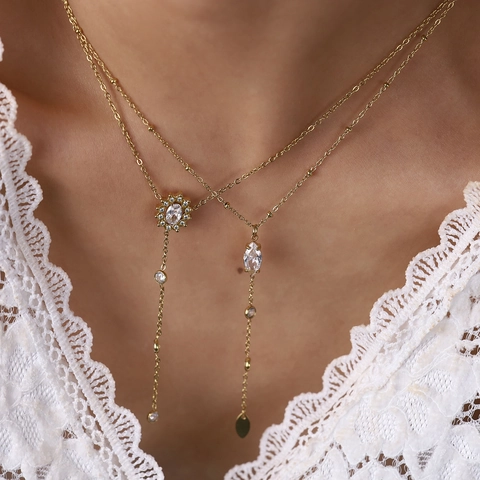Collier en Y à Longue Frange en Acier Inoxydable Plaqué Or 18K Pendentif Fleur Zirconium Blanc Bijoux pour Femmes