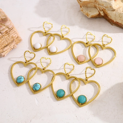 Orecchini Pendenti a Doppio Cuore in Acciaio Inossidabile Placcato Oro 18K per Donna Pietra Naturale Malachite Occhio di Tigre