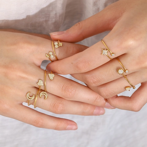 18K Gold Plated Stainless Steel Open Ring For Women Rhinestone Inlaid Heart Star Moon Adjustable Fashion Jewelry Ring