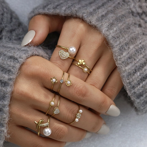Stainless Steel 18K Gold Plated Ring For Women Elegant Heart Clover Flower Faux Artificial Pearl Zirconia Adjustable Open Finger Ring