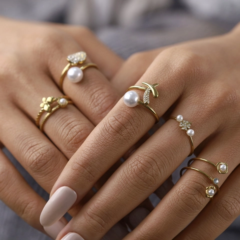 Stainless Steel 18K Gold Plated Ring For Women Elegant Heart Clover Flower Faux Artificial Pearl Zirconia Adjustable Open Finger Ring