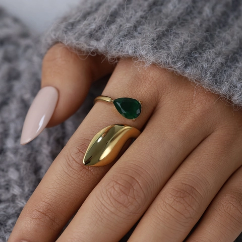 Vintage Irregular 304 Stainless Steel Open Ring For Women PVD 18K Gold Plated Emerald Green Zirconia Finger Ring Jewelry