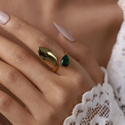 Vintage Irregular 304 Stainless Steel Open Ring For Women PVD 18K Gold Plated Emerald Green Zirconia Finger Ring Jewelry