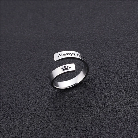 Stainless Steel Always By My Side Engraved Open Ring Paw Print Pet Memorial Minimalist Personalized Jewelry For Men Women