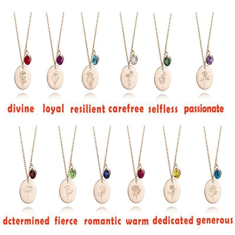 Collana Minimalista in Acciaio Inossidabile Oro Rosa per Donna Con Pendente a Disco Floreale e Strass Pietra di Nascita