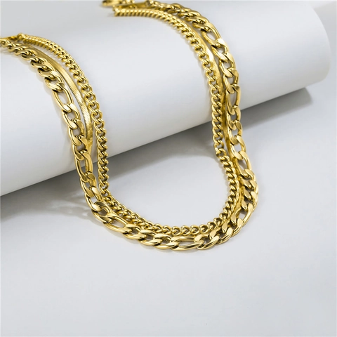 Minimalist Stainless Steel Gold Plated Necklace For Women Men Triple Layered Figaro Snake Chain Cuban Link Toggle Clasp Jewelry