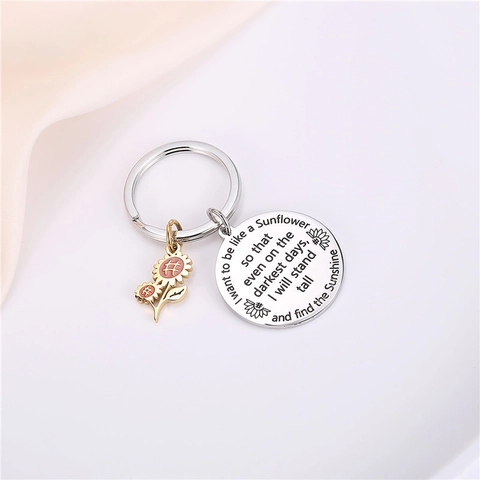 Llavero de Acero Inoxidable de Girasol Inspirador Colgante de Disco Redondo Grabado Llavero de Metal de Moda Regalo para Mujer