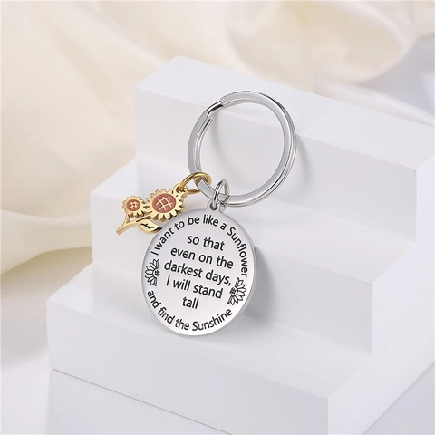 Llavero de Acero Inoxidable de Girasol Inspirador Colgante de Disco Redondo Grabado Llavero de Metal de Moda Regalo para Mujer
