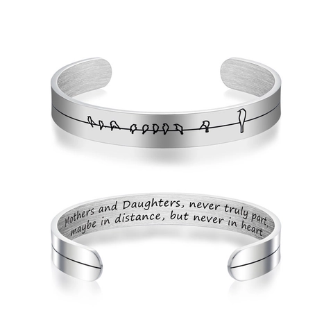 Stainless Steel Engraved Cuff Bracelet Inspirational Quote For Mom Mother and Daughter Bird Pattern Brushed Bangle Mother's Day Jewelry Gift For Women