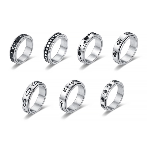 Anello Spinner in Acciaio Inossidabile per Sollievo dall'Ansia Donna Uomo Fase Lunare Loto Malocchio Inciso Anello Rotante Gioielli Regalo