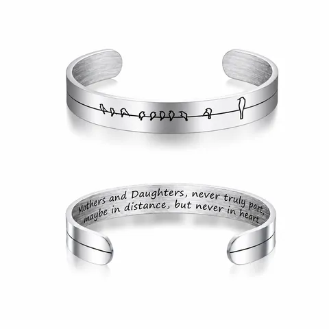 Stainless Steel Engraved Cuff Bracelet Inspirational Quote For Mom Mother and Daughter Bird Pattern Brushed Bangle Mother's Day Jewelry Gift For Women