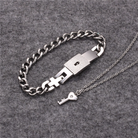 Stainless Steel Heart Key Pendant Necklace And Lock Cuban Chain Bracelet Jewelry For Women Men Polished Silver Couple Accessory