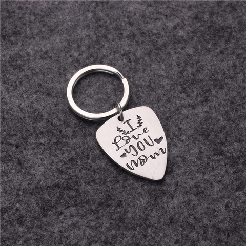 Portachiavi Plettro Chitarra Acciaio Inossidabile Inciso I Love You Mom Cuore Foglia Spazzolato Portachiavi Metallo Festa Mamma Regalo