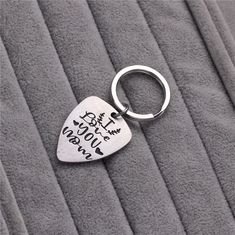 Portachiavi Plettro Chitarra Acciaio Inossidabile Inciso I Love You Mom Cuore Foglia Spazzolato Portachiavi Metallo Festa Mamma Regalo