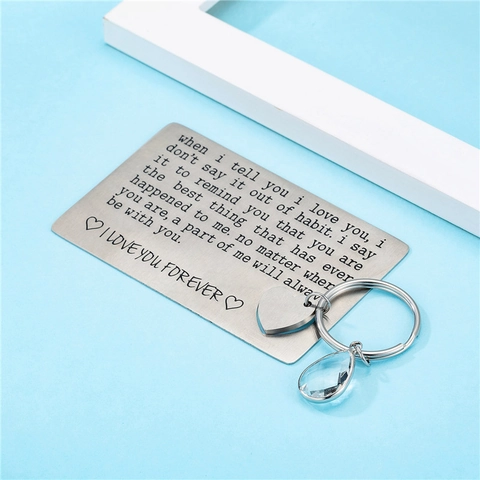 Stainless Steel Engraved Wallet Card And Heart Keychain Set Romantic Love Letter Gift For Anniversary Valentine Day