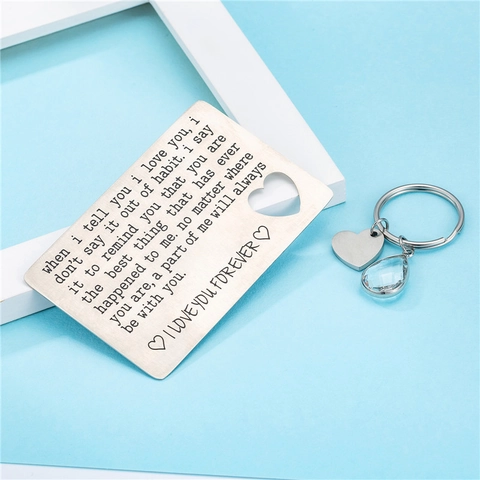 Stainless Steel Engraved Wallet Card And Heart Keychain Set Romantic Love Letter Gift For Anniversary Valentine Day