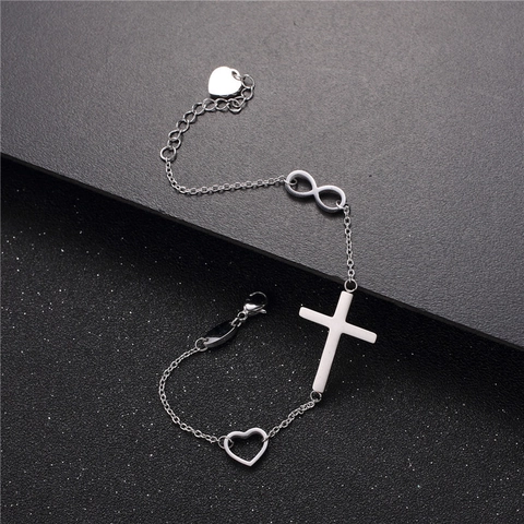 Bracciale con Ciondolo a Croce Infinito e Cuore in Acciaio Inossidabile Oro Rosa Argento Regolabile per Donna Gioielli