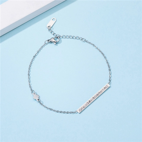 Minimalist 316L Stainless Steel Bar Bracelet With Zirconia For Women Silver Four Leaf Clover Charm Adjust Chain Jewelry