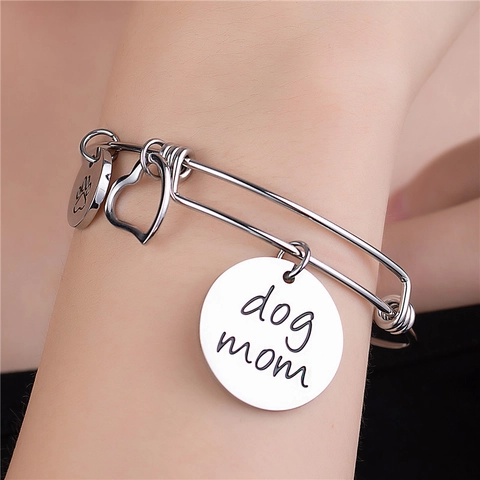 Stainless Steel Dog Mom Adjustable Wire Bangle Bracelet For Women Heart Paw Print Engraved Charm Silver Color Jewelry Gift