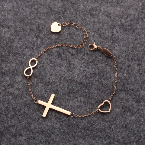 Bracciale con Ciondolo a Croce Infinito e Cuore in Acciaio Inossidabile Oro Rosa Argento Regolabile per Donna Gioielli