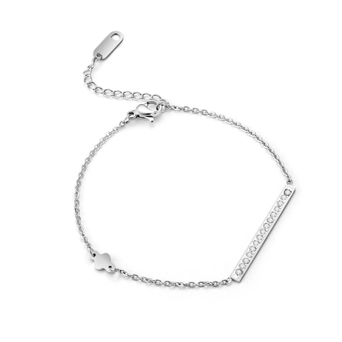 Minimalist 316L Stainless Steel Bar Bracelet With Zirconia For Women Silver Four Leaf Clover Charm Adjust Chain Jewelry
