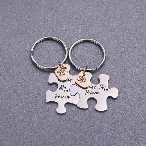 Polished Stainless Steel Puzzle Keychain Set Engraved You Are My Person Heart Tree Of Life Pendant For Couples Best Friends