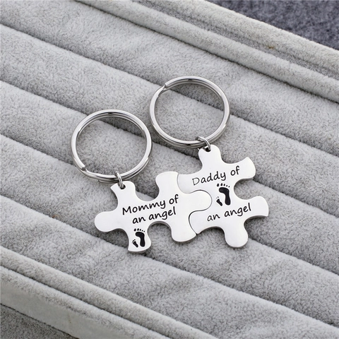 Mommy Daddy Of An Angel Puzzle Keychain Stainless Steel Engraved Footprint Memorial Key Ring Parents Gift