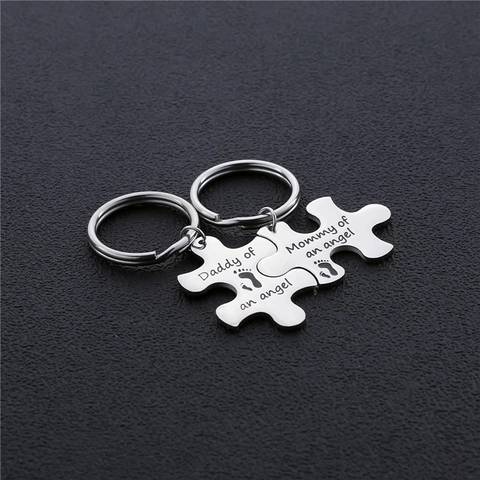 Mommy Daddy Of An Angel Puzzle Keychain Stainless Steel Engraved Footprint Memorial Key Ring Parents Gift