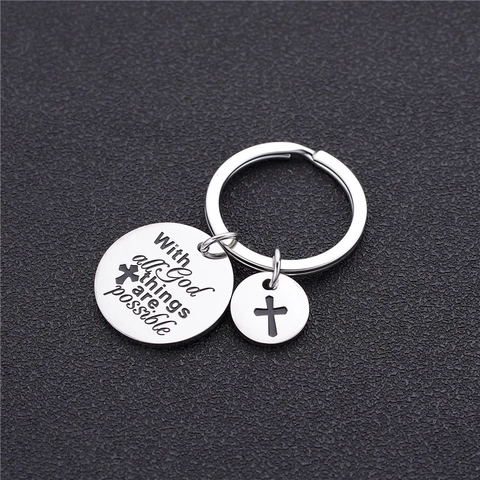 Porte-Clés en Acier Inoxydable Plaque Ronde Avec Dieu Tout Est Possible Croix Charm Cadeau Religieux Inspirant