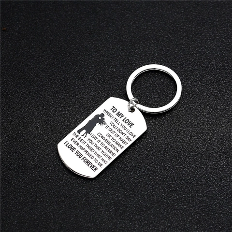 Portachiavi in Acciaio Inossidabile Piastrina Militare Incisa Citazione Amore Silhouette Coppia Argento Lucido Regalo Romantico