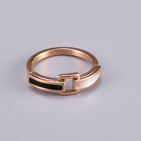 Anillo de Acero de Titanio en Oro Rosa de Diseño Geométrico de Doble Capa Incrustado de Concha Blanca y Negra Joyería de Moda Minimalista para Mujer