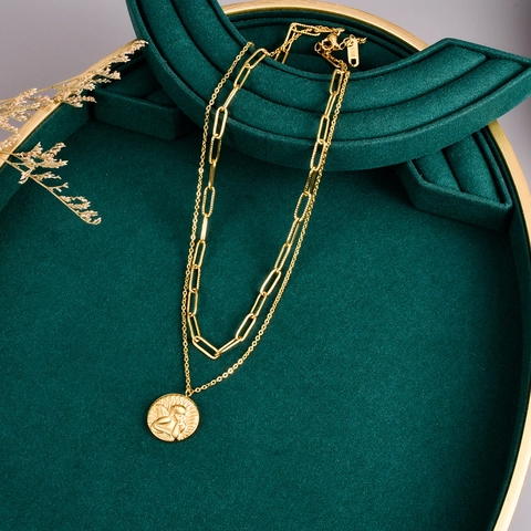 Dubbellaags 316L Roestvrij Stalen Ketting Vrouwen 18K Verguld Paperclip Ketting Engel Cupido Munt Hanger Sieraden
