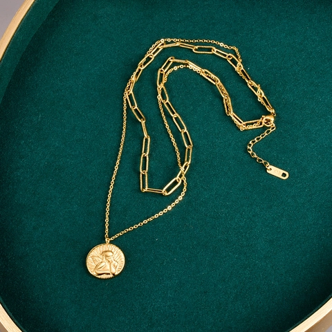 Dubbellaags 316L Roestvrij Stalen Ketting Vrouwen 18K Verguld Paperclip Ketting Engel Cupido Munt Hanger Sieraden