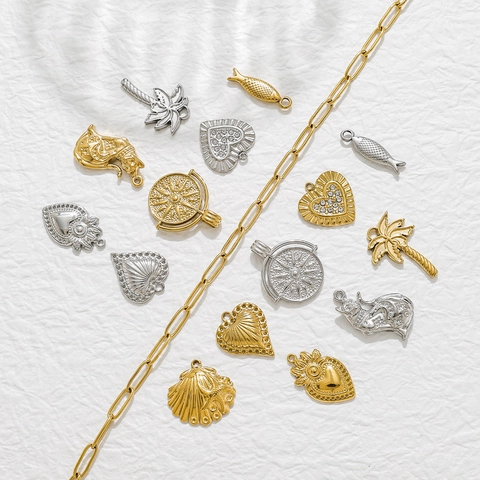 Vintage Stainless Steel Pendants Heart Cat Fish Coconut Tree Shell Charms For DIY Jewelry Making Gold Silver Rhinestone Pendants