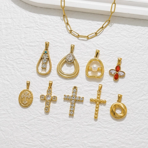 Edelstahl Vintage Kreuz Wassertropfen Blume Anhänger Strass Künstliche Perle DIY Schmuckzubehör Gold Farbe Anhänger Für Damen