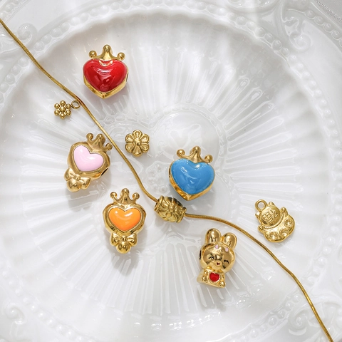 Vintage Stainless Steel Jewelry Charms French Simple Enamel Cross Heart Crown Bunny Lucky Cat Pendants For DIY Jewelry Making