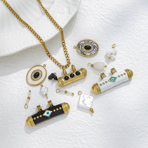 Titanium Steel Gold Plated Mother Of Pearl Evil Eye Pendants DIY Jewelry Making Enamel Cylindrical Oval Shell Charms For Women