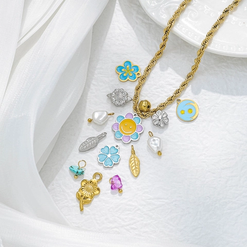 DIY Jewelry Accessories Stainless Steel Alloy Enamel Flower Leaf Feather Charms For Necklace Bracelet Making Artificial Pearl Pendant
