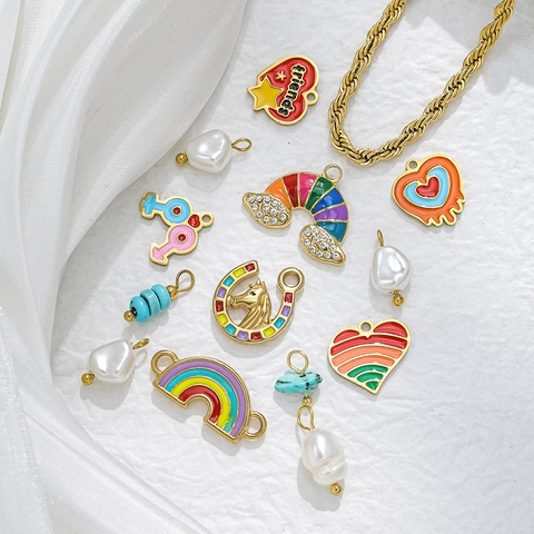 Colorful Stainless Steel Enamel Charms Rainbow Heart Horseshoe Pendants For DIY Jewelry Making Crafts Electroplated Charms