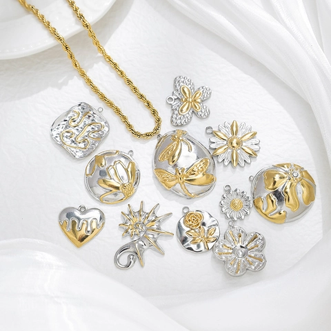 Edelstahl Zweifarbig Gold Silber Anhänger Charme Blumen Schmetterling Libelle Herz Rose Relief Für DIY Halsketten