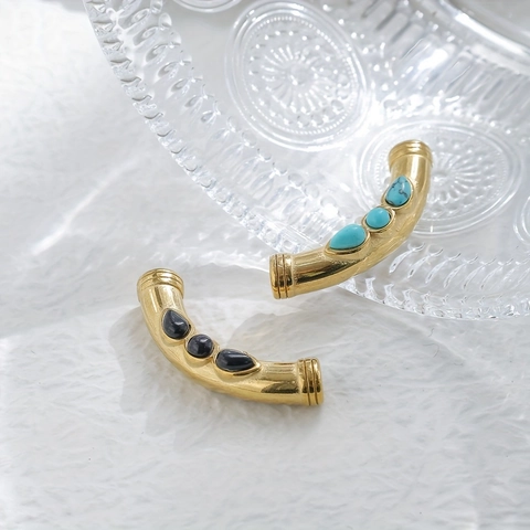 Vintage Stainless Steel DIY Jewelry Pendants Retro Boho Gold Curved Tube Charms With Faux Turquoise Agate For Necklace Bracelet