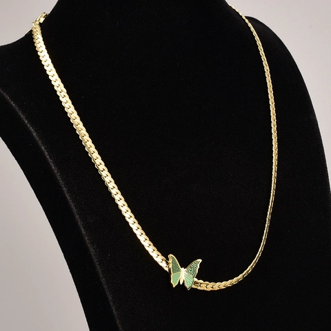 Französischer Vintage 18K Vergoldeter Edelstahl Grüne Schmetterling Anhänger Halskette Für Damen Elegante Schlangenkette Schmuck