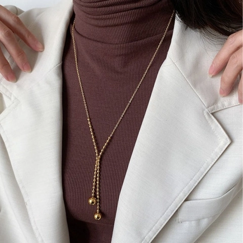 316L Edelstahl 18K Vergoldet Y Förmige Halskette Für Damen Lange Quaste Runde Kugel Anhänger Minimalist Mode Schmuck