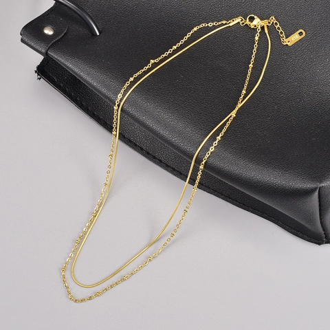 Minimalist 316L Stainless Steel 18K Gold Plated Double Layered Snake Chain Necklace For Women Geometric Round Beads Clavicle Chain Jewelry