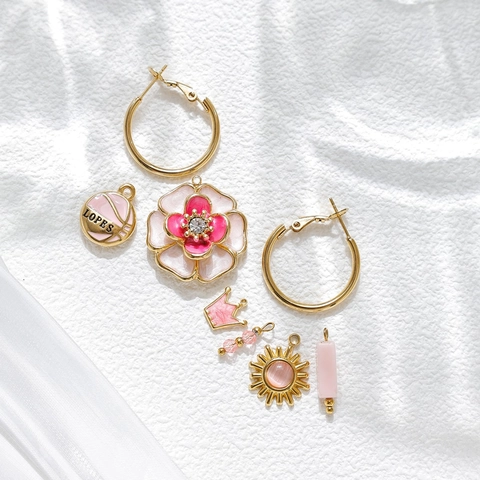 18K Gold Plated Stainless Steel Pink Enamel Flower Crown Basketball Pendants For DIY Jewelry Making Women Necklace Charms