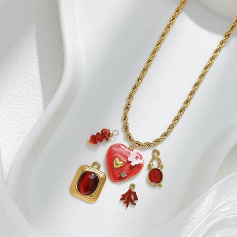 Colgantes de Acero Inoxidable Rojo Corazón Reloj Coral Cuadrado DIY Joyería Accesorios de Moda Regalo para Mujeres